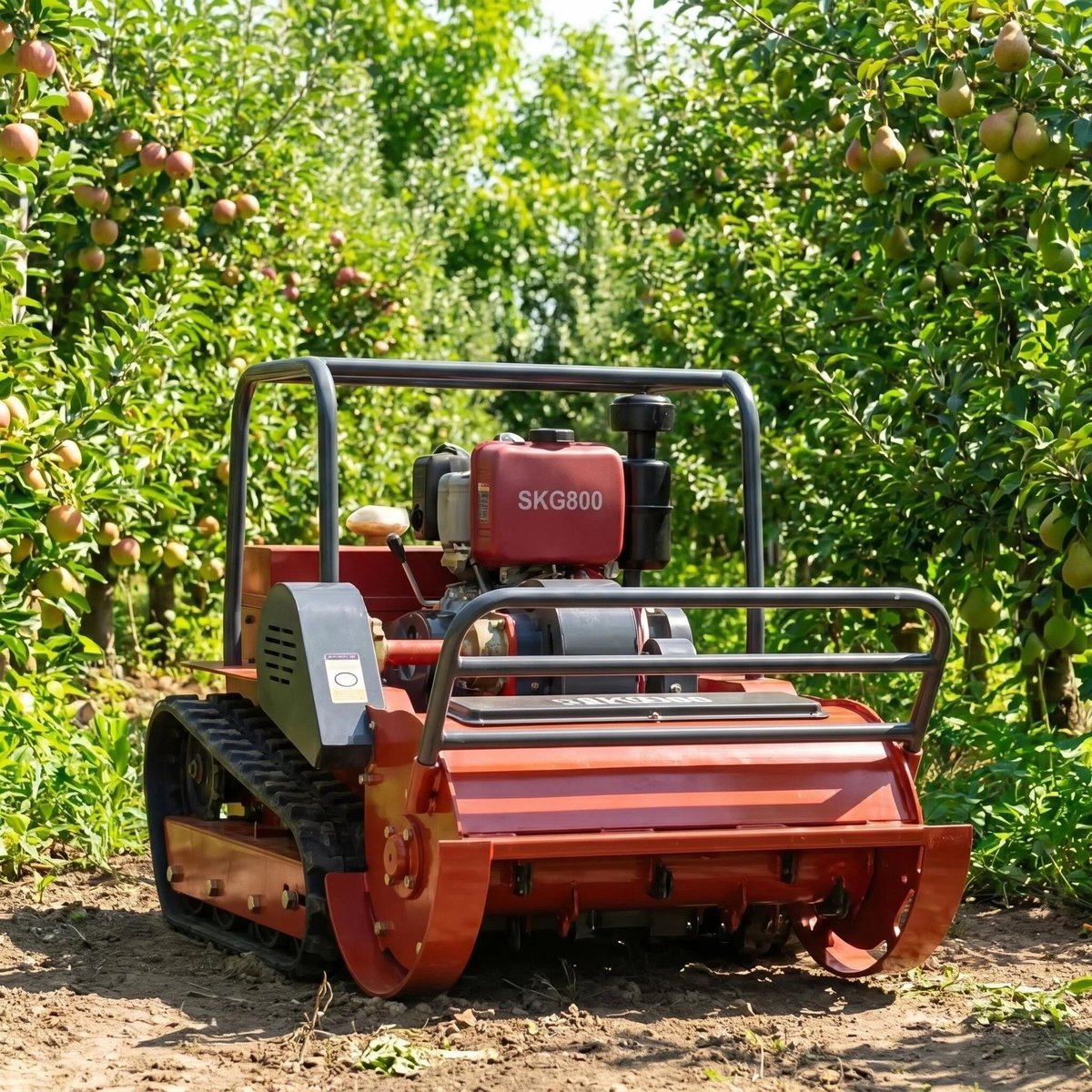 SENCO G800 tracked flail mower clearing brush along a tree line