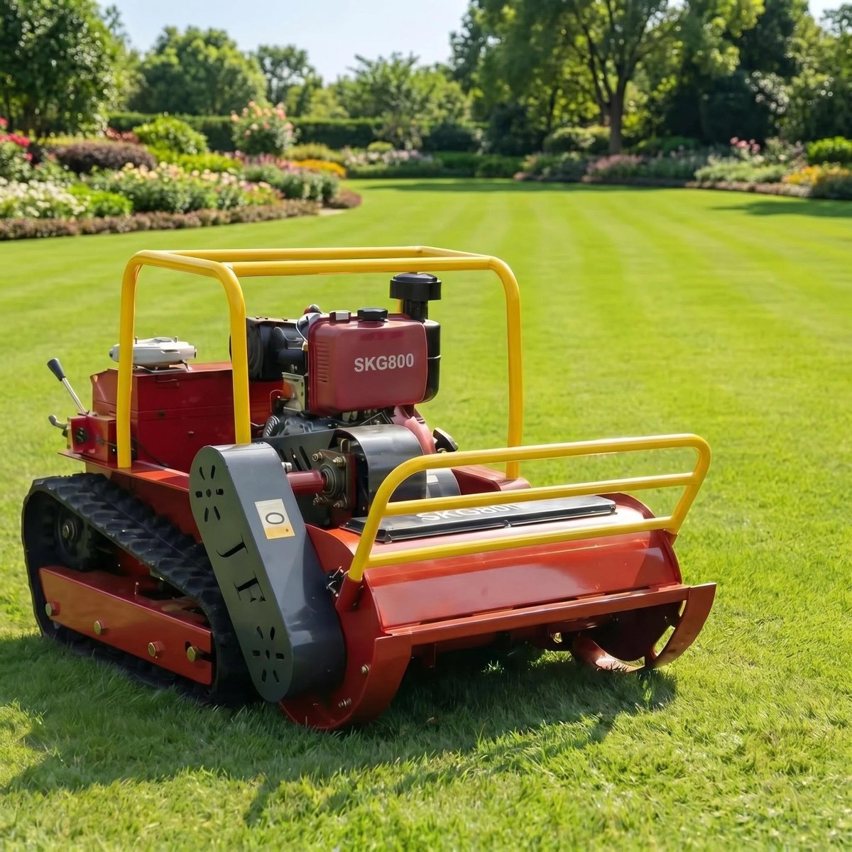 SENCO G800 remote-controlled tracked flail mower on a lawn