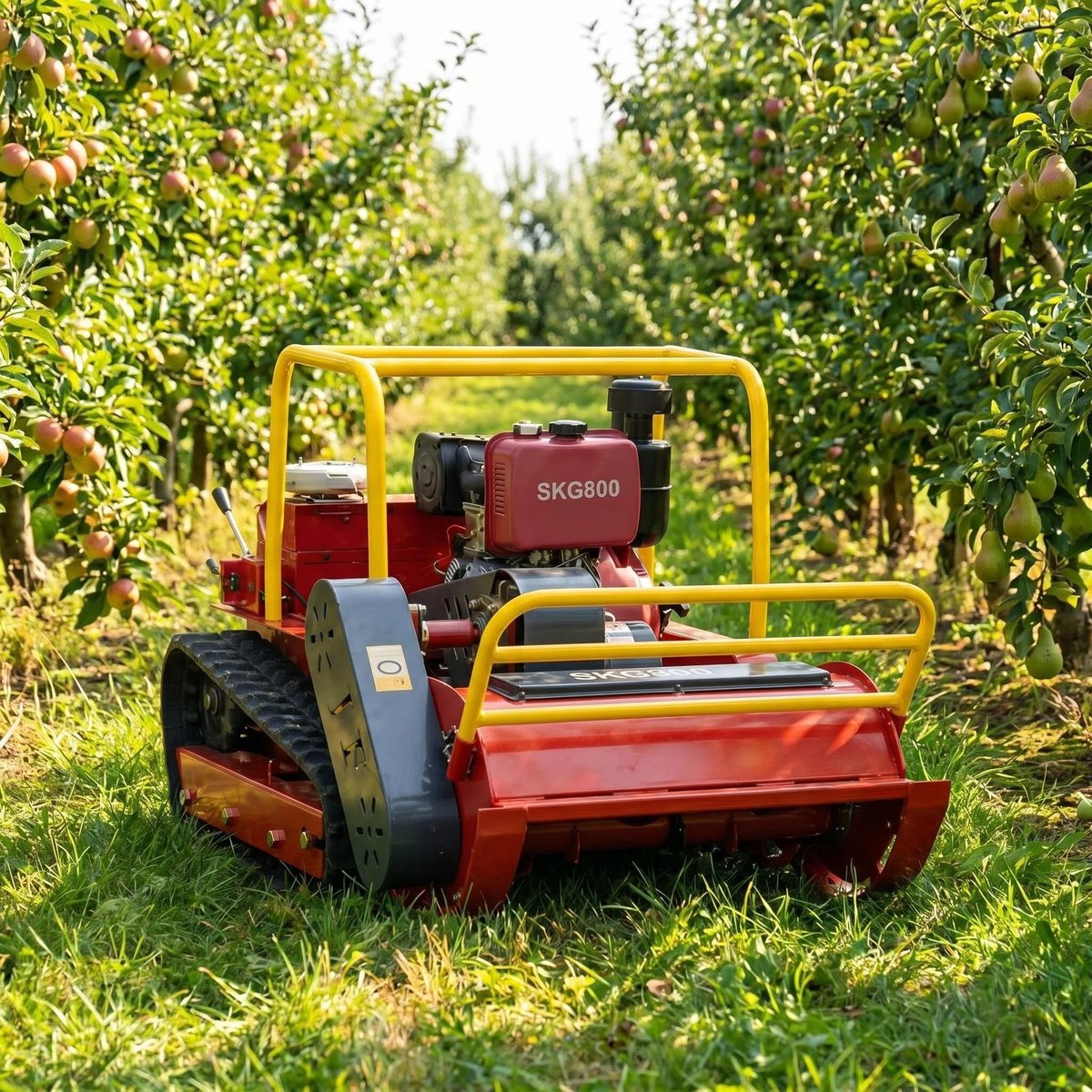 SENCO G800 tracked flail mower working between orchard trees