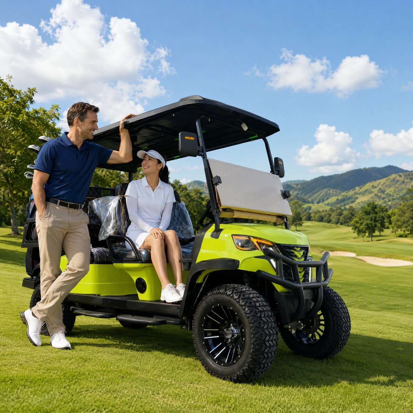 SENCO 6D electric golf cart carrying passengers on a golf course