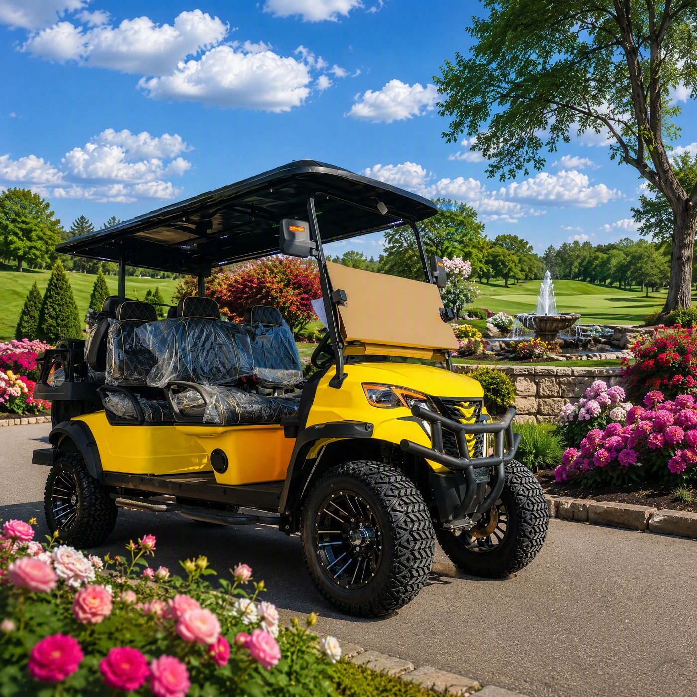 SENCO 6D six-seater electric golf cart in yellow among flowers