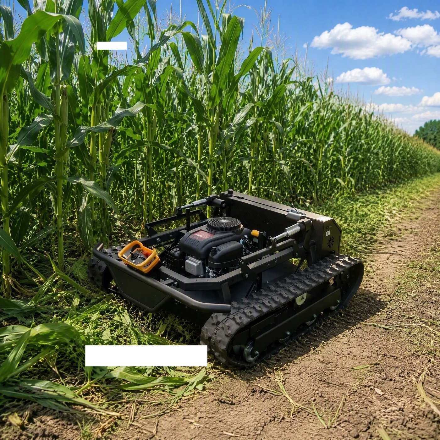 SENCO H900 crawler mower clearing weeds in a cornfield