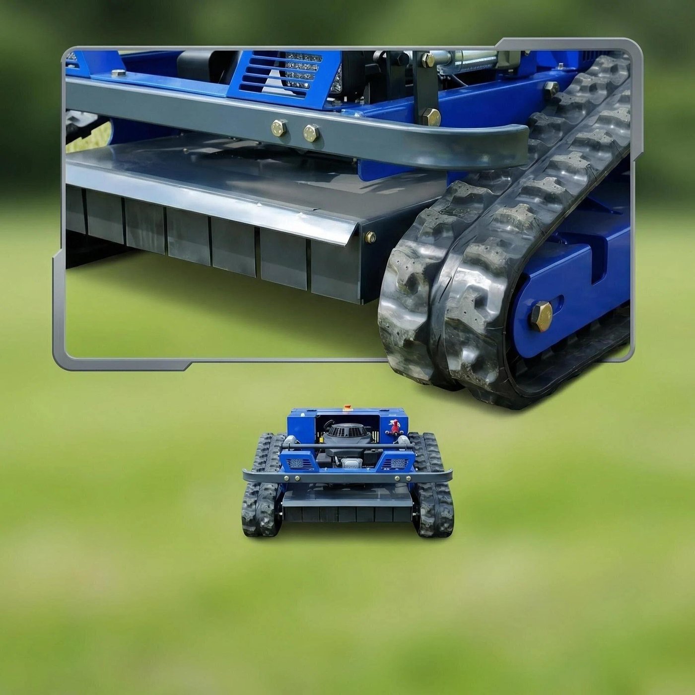 SENCO SK-500 petrol remote-controlled mower in blue on a lawn