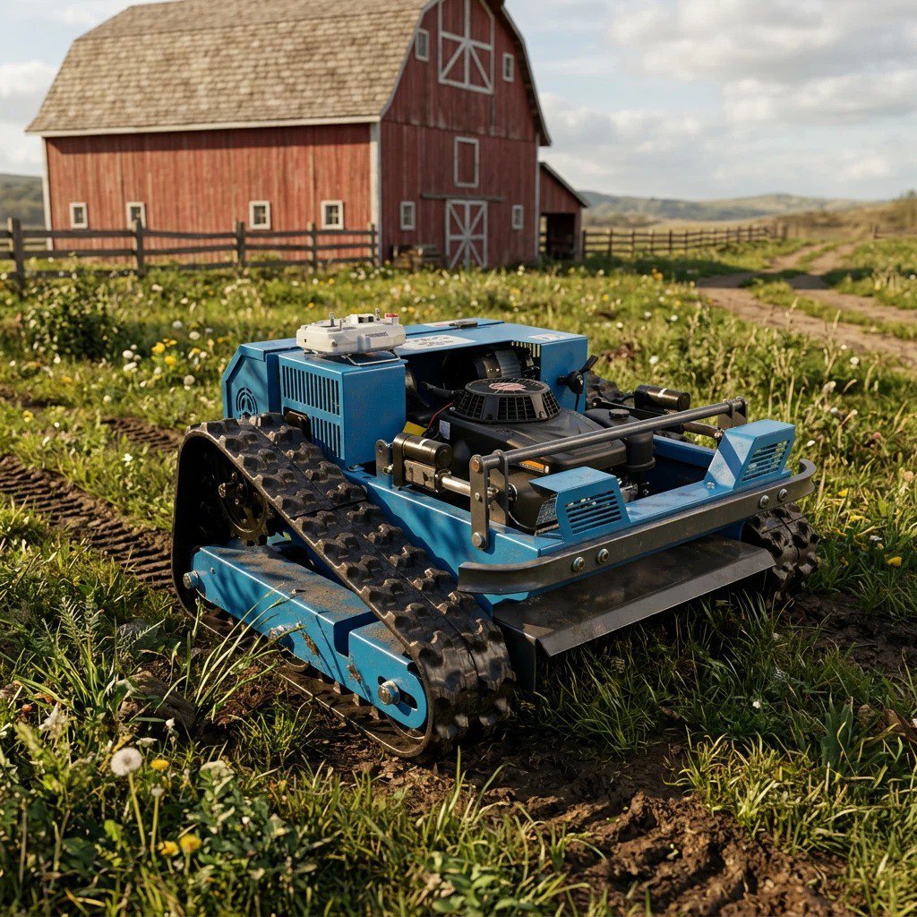 SENCO SK-550 remote-controlled mower in blue in front of a farm barn