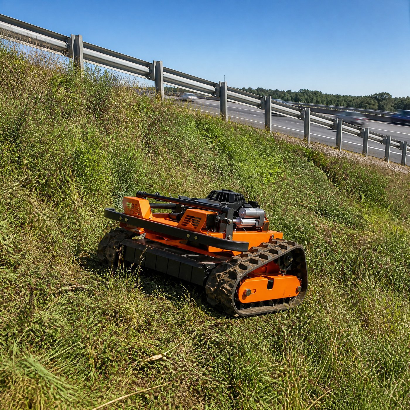 SENCO SK-550 remote-controlled tracked lawn mower mowing a slope