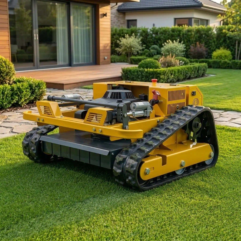 SENCO SK-550 remote-controlled mower in yellow on a lawn beside a house